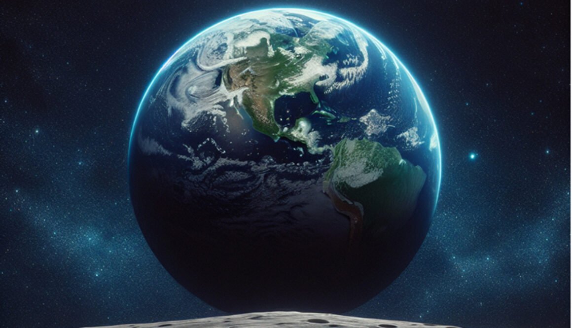 Hello World text above the earth looking from the moon