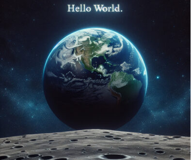 Hello World text above the earth looking from the moon