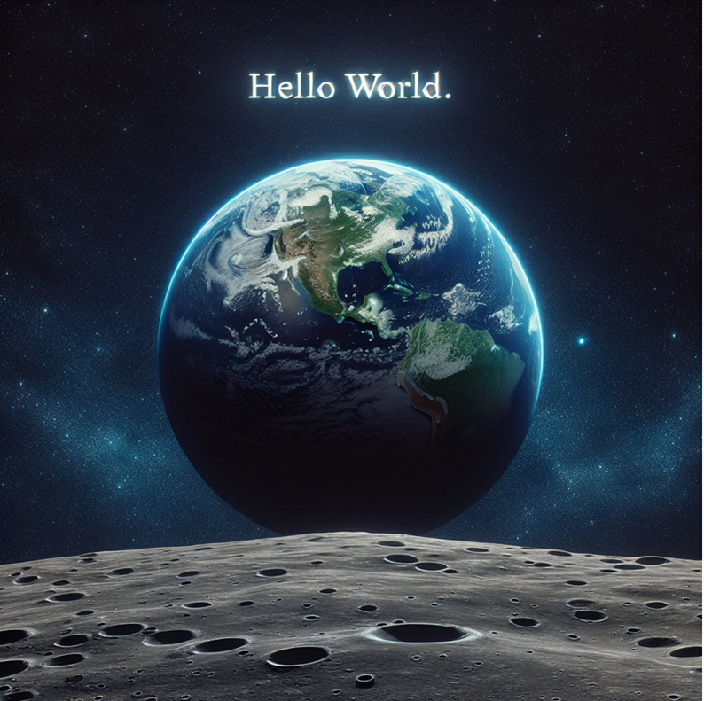 Hello World text above the earth looking from the moon